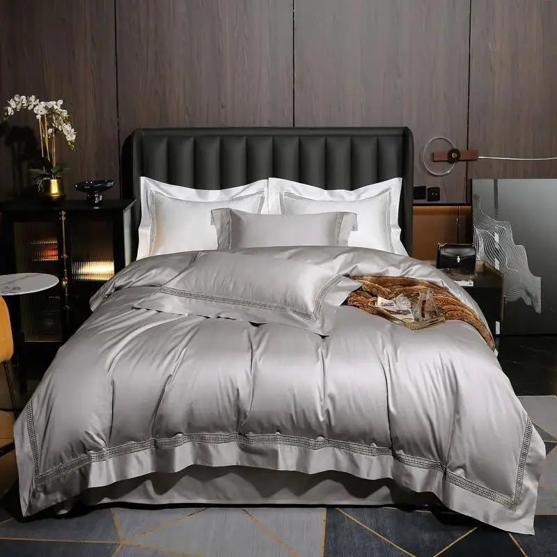 Parure de Lit 4 Pièces en Coton Égyptien 1000TC Bleu Gris