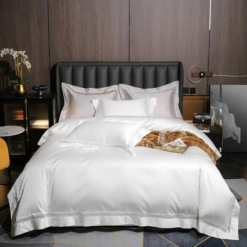 Parure de Lit 4 Pièces en Coton Égyptien 1000TC Bleu Gris