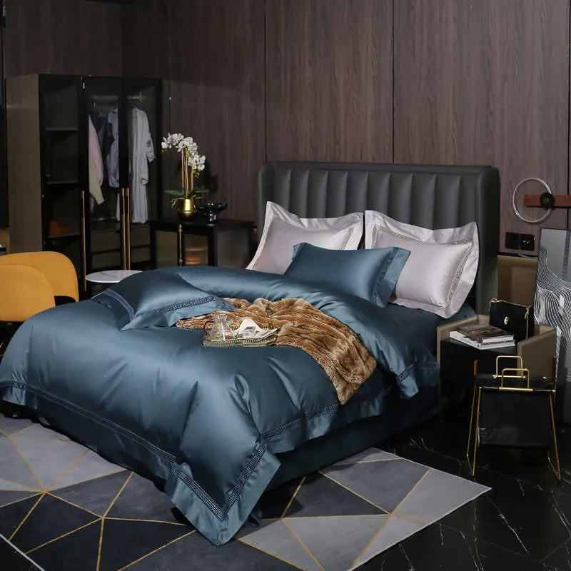 Parure de Lit 4 Pièces en Coton Égyptien 1000TC Bleu Gris