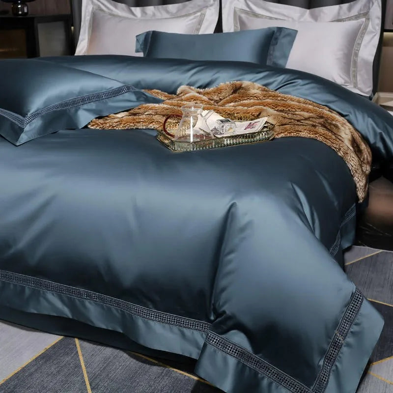 Parure de Lit 4 Pièces en Coton Égyptien 1000TC Bleu Gris