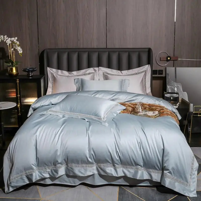 Parure de Lit 4 Pièces en Coton Égyptien 1000TC Bleu Gris