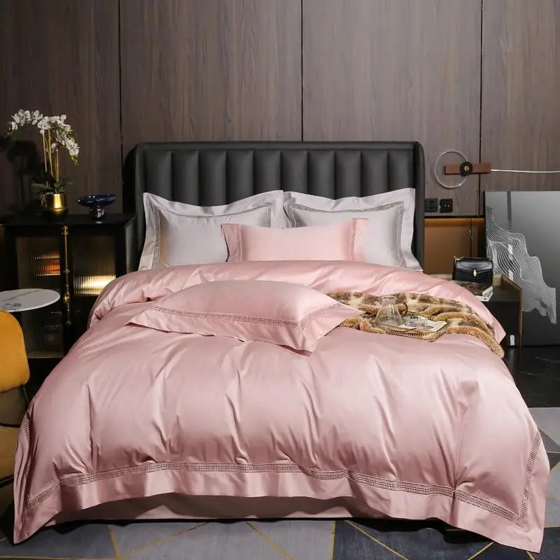 Parure de Lit 4 Pièces en Coton Égyptien 1000TC Bleu Gris