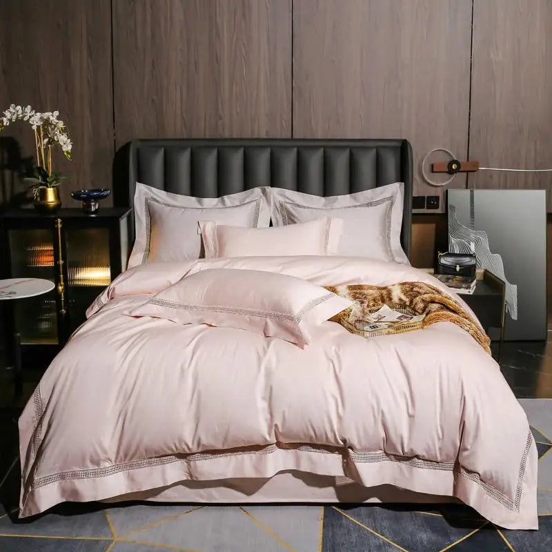 Parure de Lit 4 Pièces en Coton Égyptien 1000TC Bleu Gris