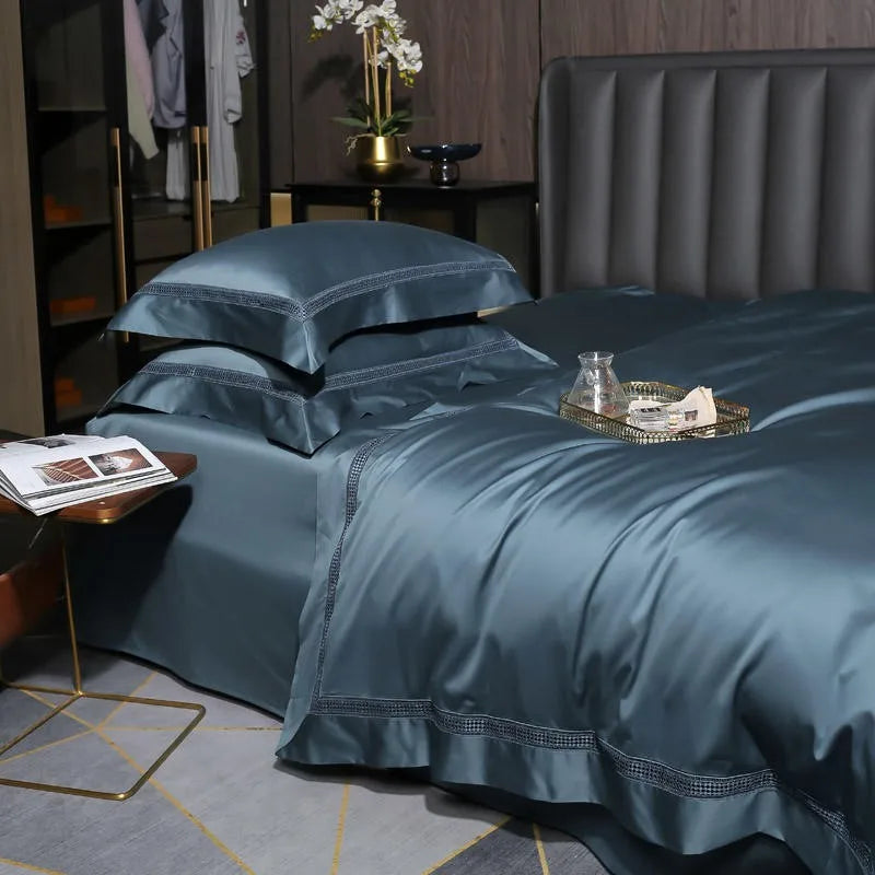 Parure de Lit 4 Pièces en Coton Égyptien 1000TC Bleu Gris
