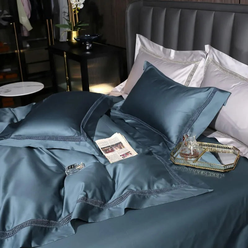 Parure de Lit 4 Pièces en Coton Égyptien 1000TC Bleu Gris