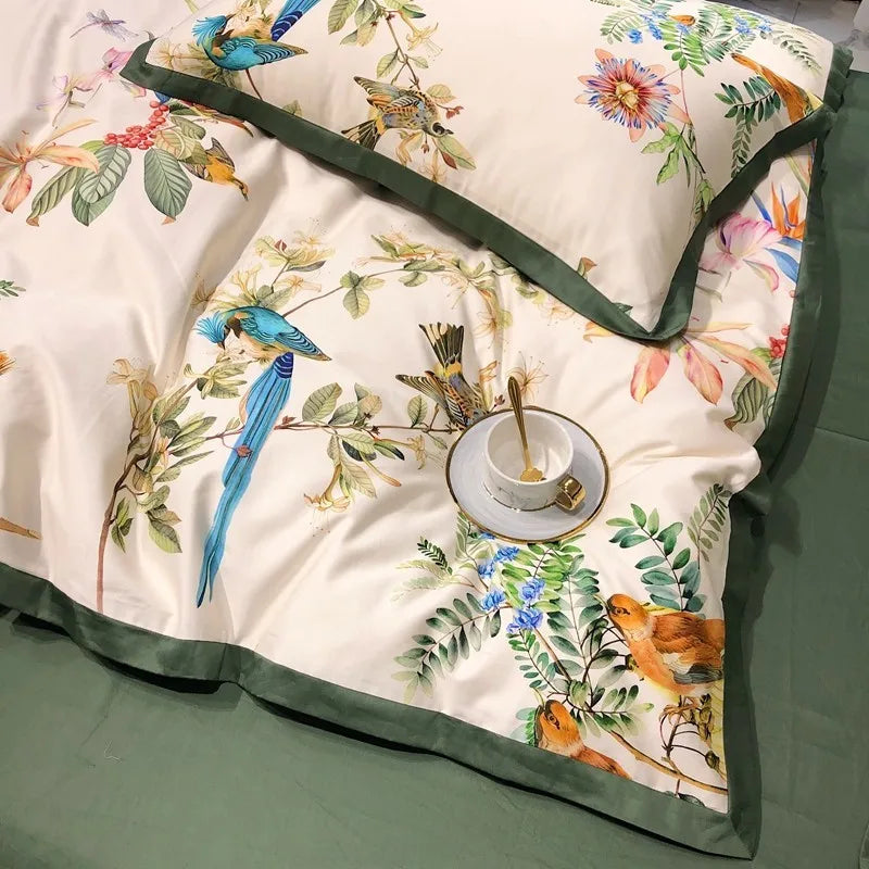 Parure de Lit Vintage Imprimé Oiseaux Botaniques en Coton Satiné 600TC