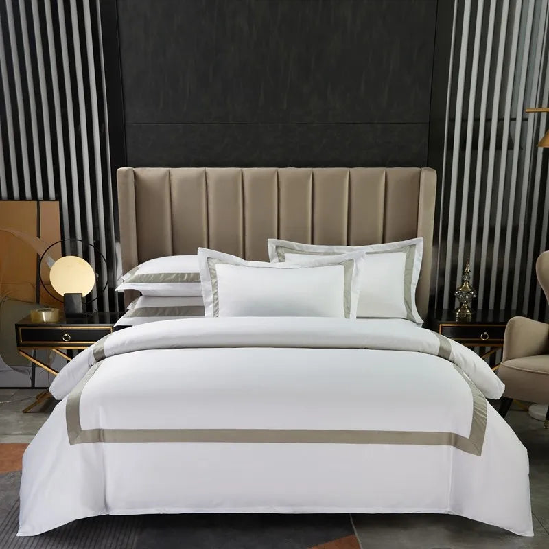 Parure de Lit Hôtel Luxe 600TC Blanche en Coton avec Cadre Patchwork
