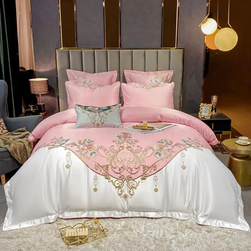 Parure de Lit Super King Satin Coton avec Broderie et Patchwork (4 Pièces)
