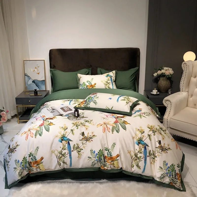 Parure de Lit Vintage Imprimé Oiseaux Botaniques en Coton Satiné 600TC