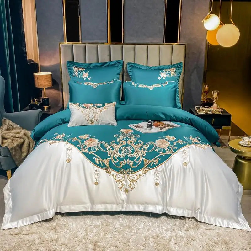 Parure de Lit Super King Satin Coton avec Broderie et Patchwork (4 Pièces)