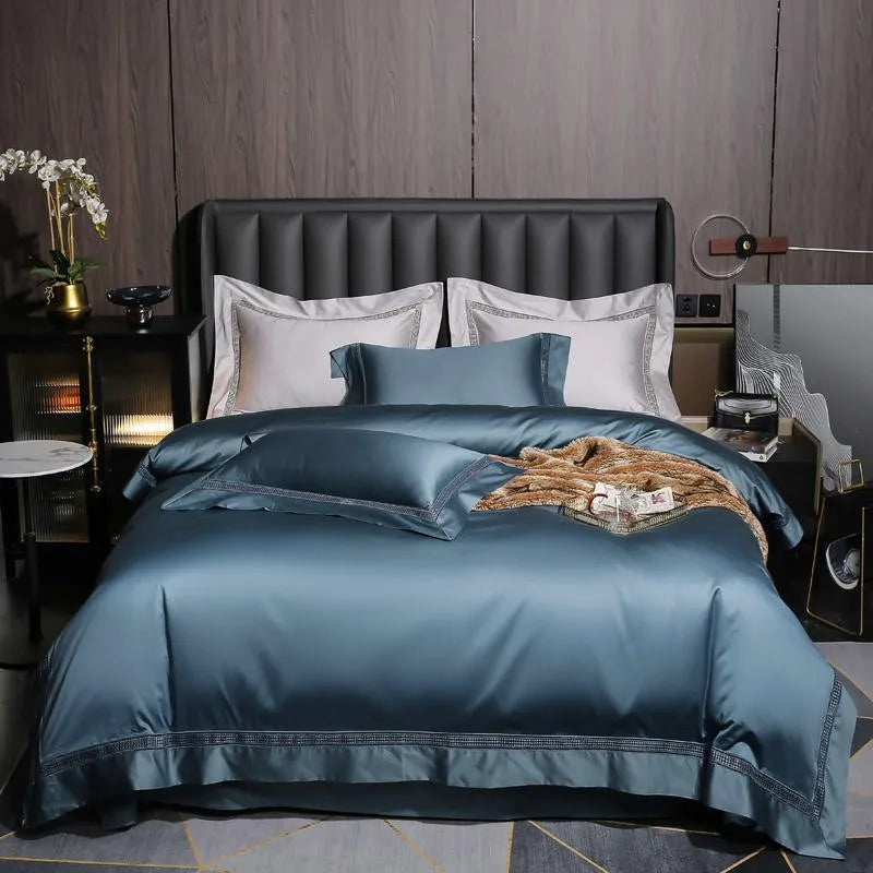 Parure de Lit 4 Pièces en Coton Égyptien 1000TC Bleu Gris
