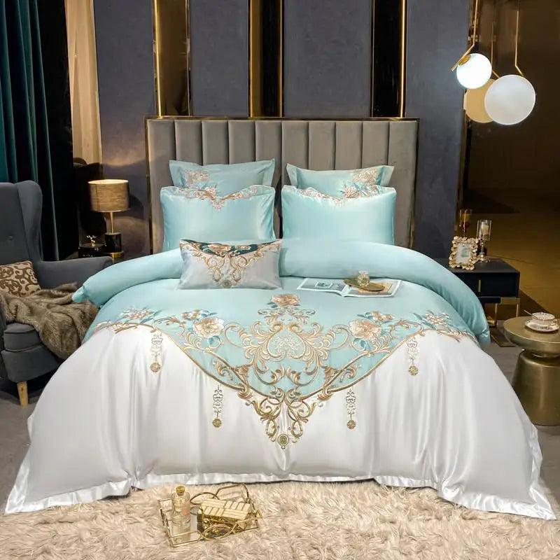 Parure de Lit Super King Satin Coton avec Broderie et Patchwork (4 Pièces)