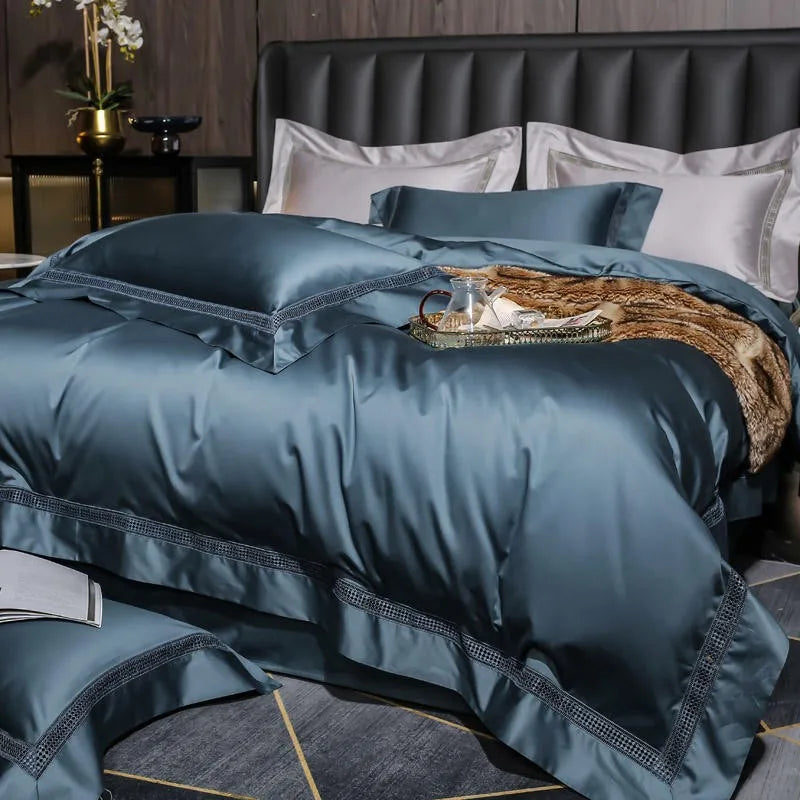 Parure de Lit 4 Pièces en Coton Égyptien 1000TC Bleu Gris