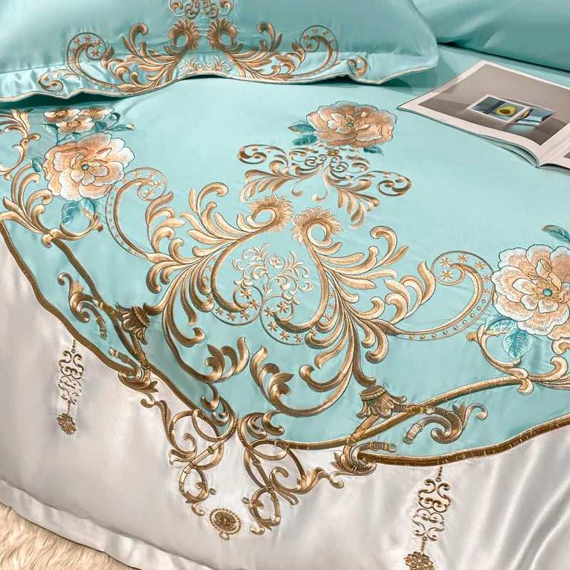 Parure de Lit Super King Satin Coton avec Broderie et Patchwork (4 Pièces)