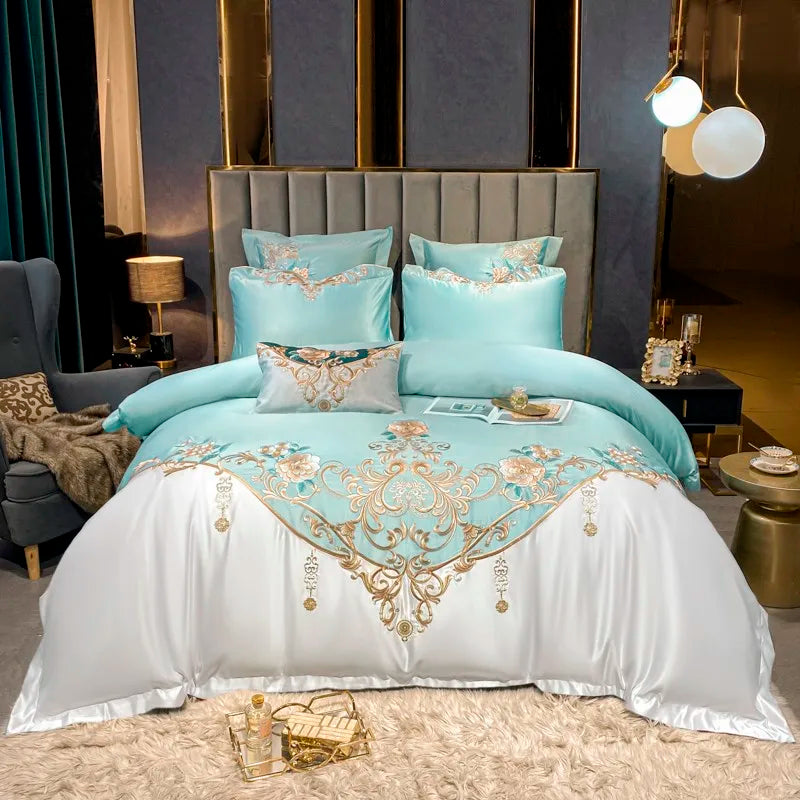 Parure de Lit Super King Satin Coton avec Broderie et Patchwork (4 Pièces)