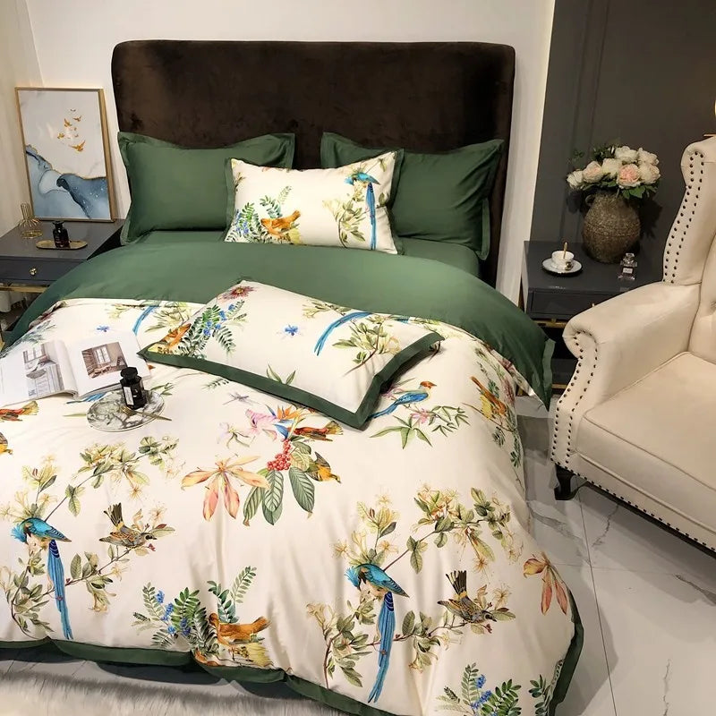 Parure de Lit Vintage Imprimé Oiseaux Botaniques en Coton Satiné 600TC