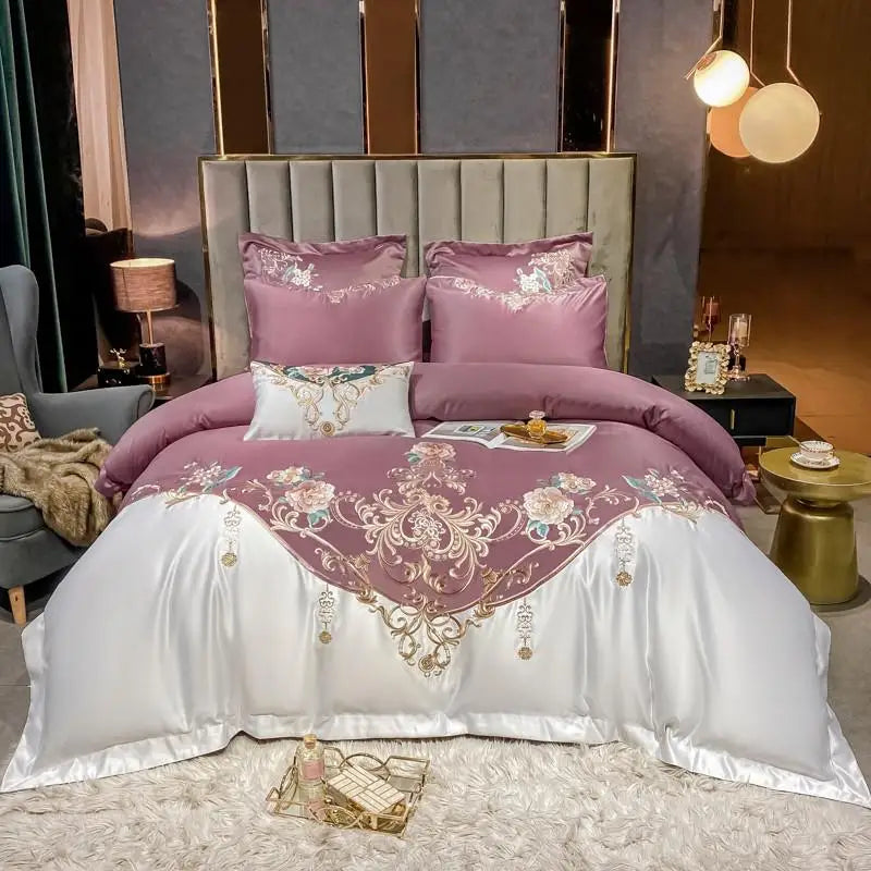 Parure de Lit Super King Satin Coton avec Broderie et Patchwork (4 Pièces)