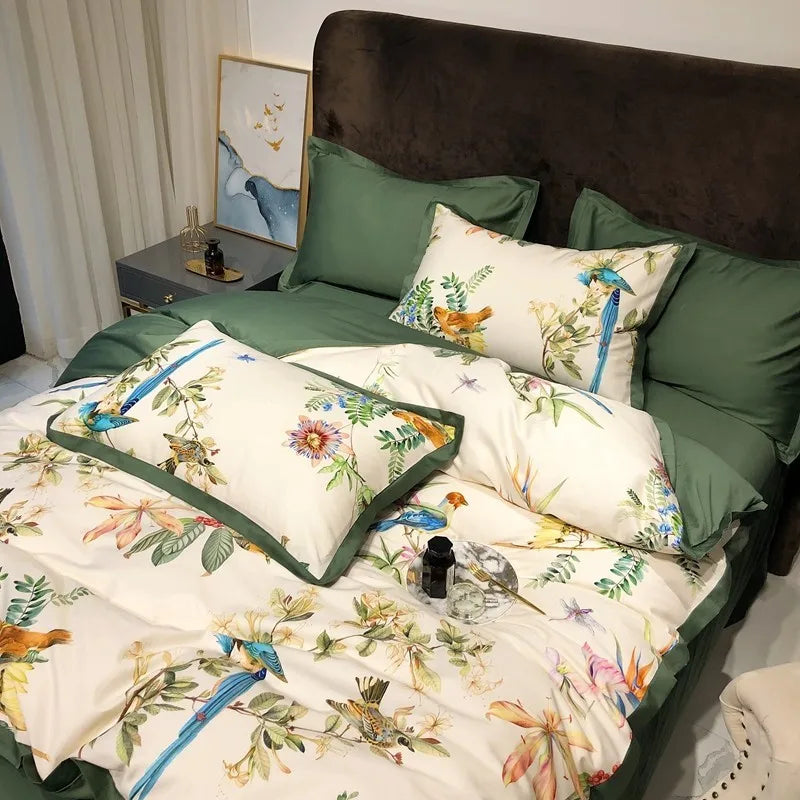 Parure de Lit Vintage Imprimé Oiseaux Botaniques en Coton Satiné 600TC