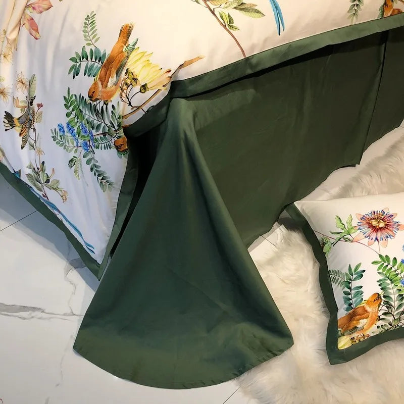 Parure de Lit Vintage Imprimé Oiseaux Botaniques en Coton Satiné 600TC