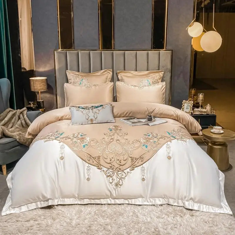Parure de Lit Super King Satin Coton avec Broderie et Patchwork (4 Pièces)