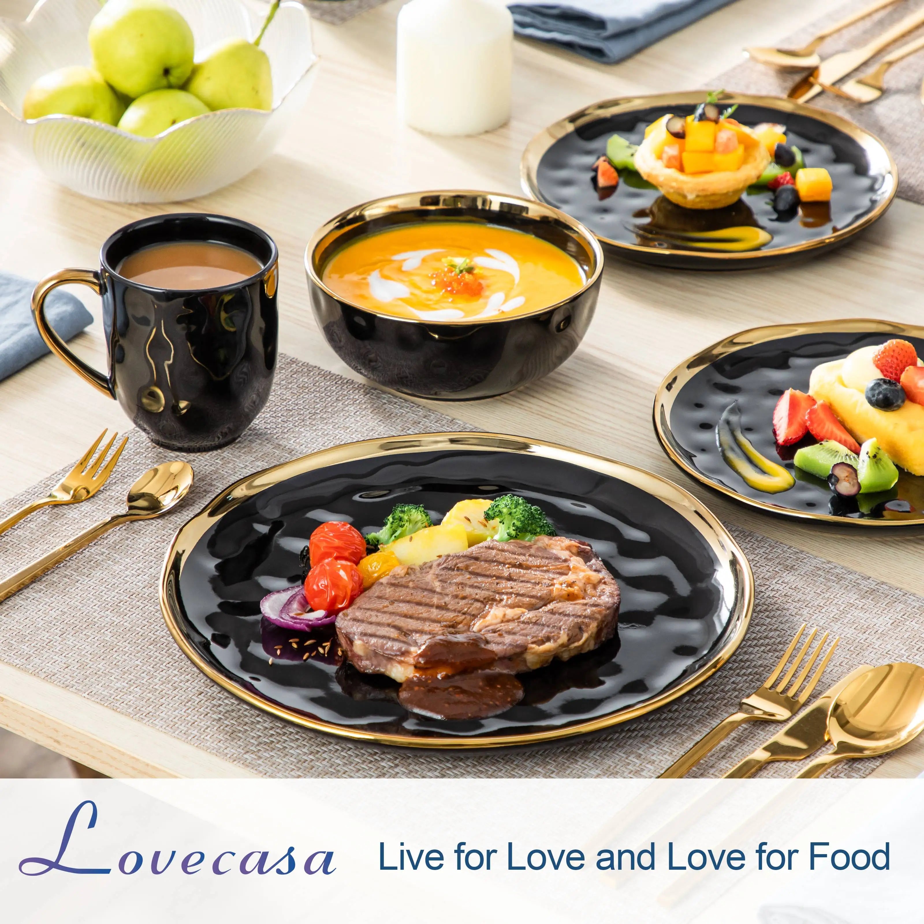 Service de Table LOVECASA Noir & Or en Porcelaine (16/32 pcs)