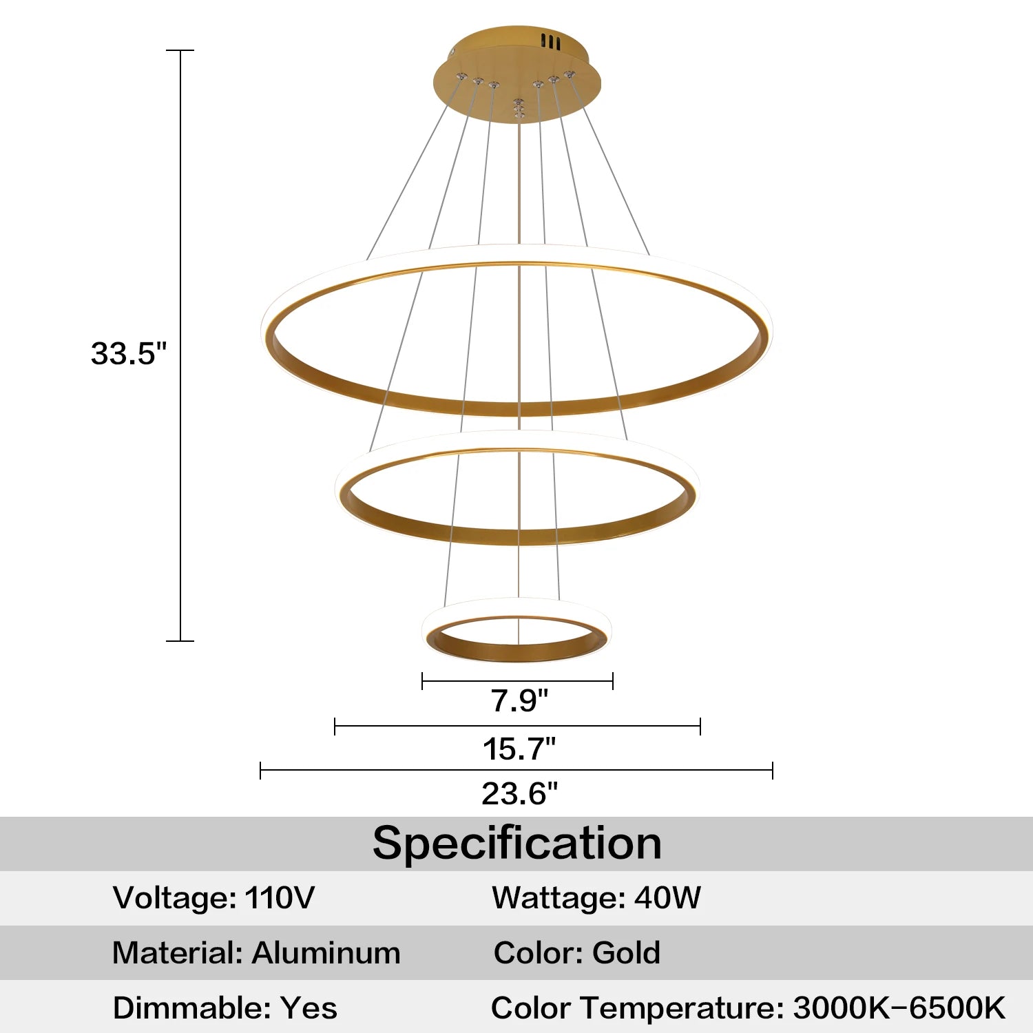 Lustre LED Doré à 3 Anneaux Moderne