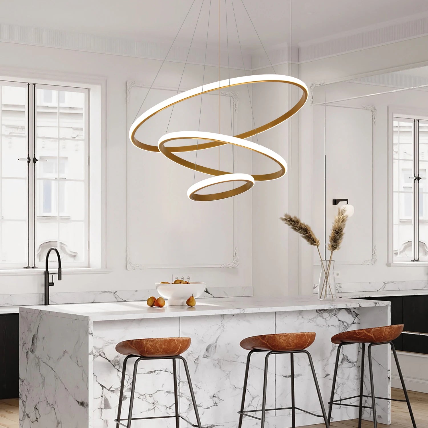 Lustre LED Doré à 3 Anneaux Moderne