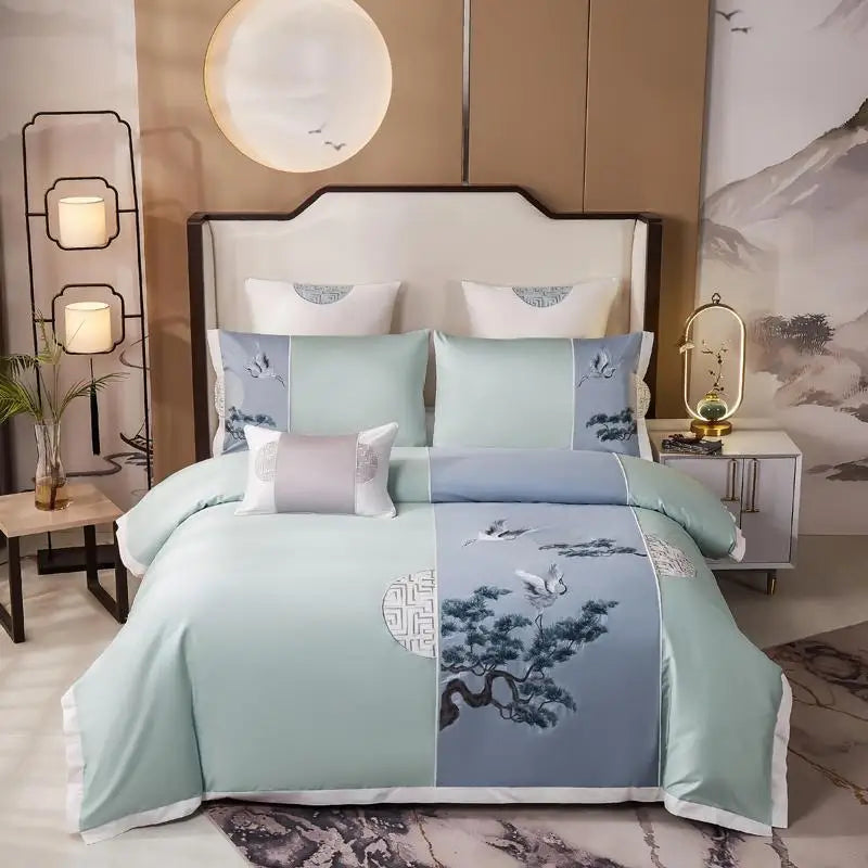 Parure de Lit Luxe Brodée Bambou et Fleurs Style Chinoiserie en Coton Égyptien 600TC