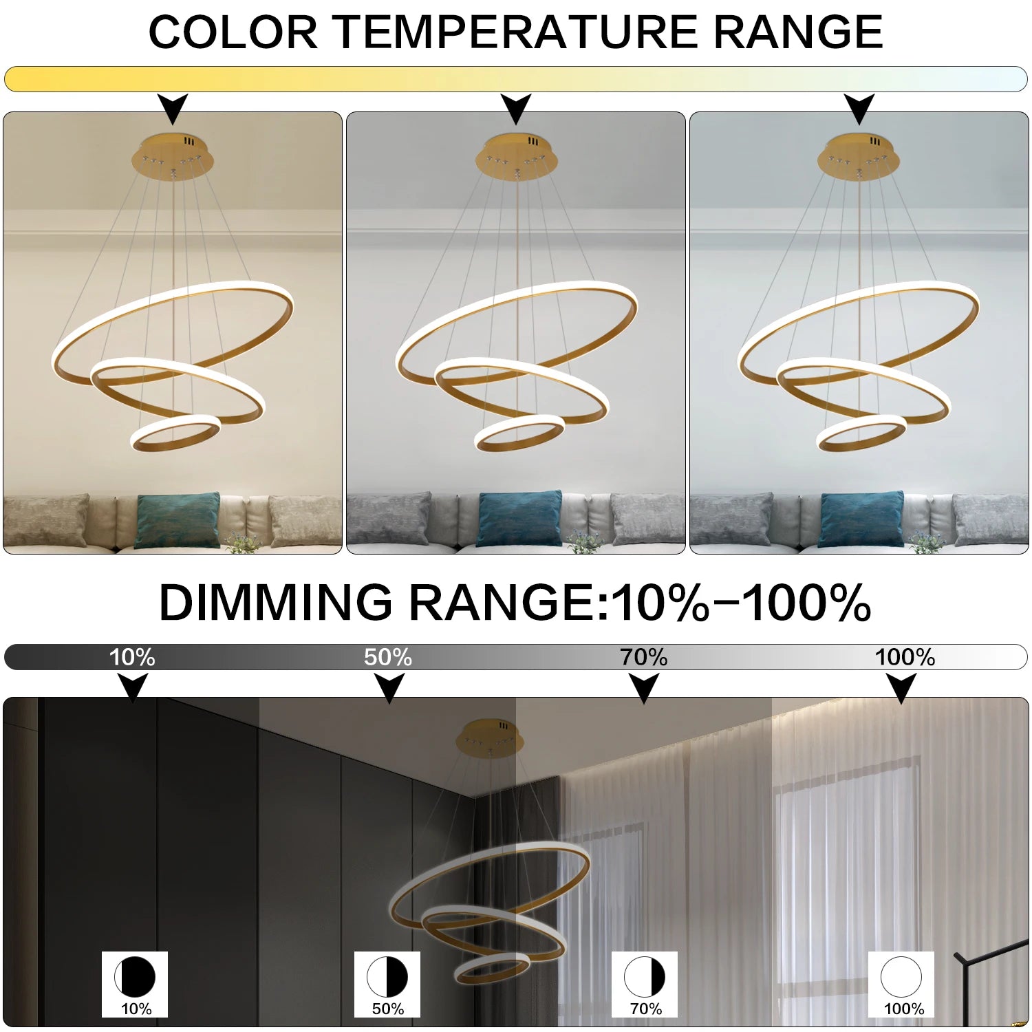 Lustre LED Doré à 3 Anneaux Moderne