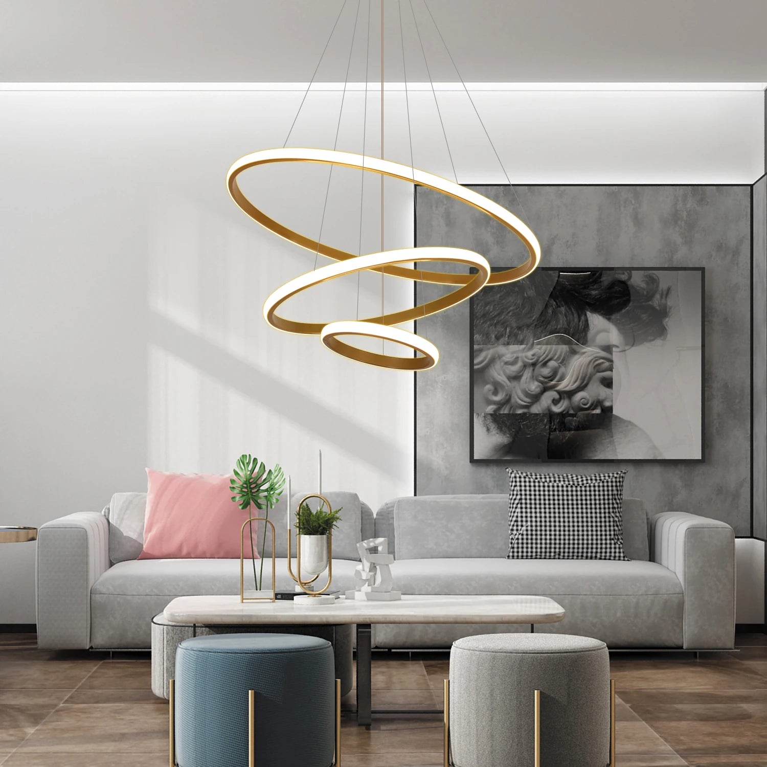 Lustre LED Doré à 3 Anneaux Moderne