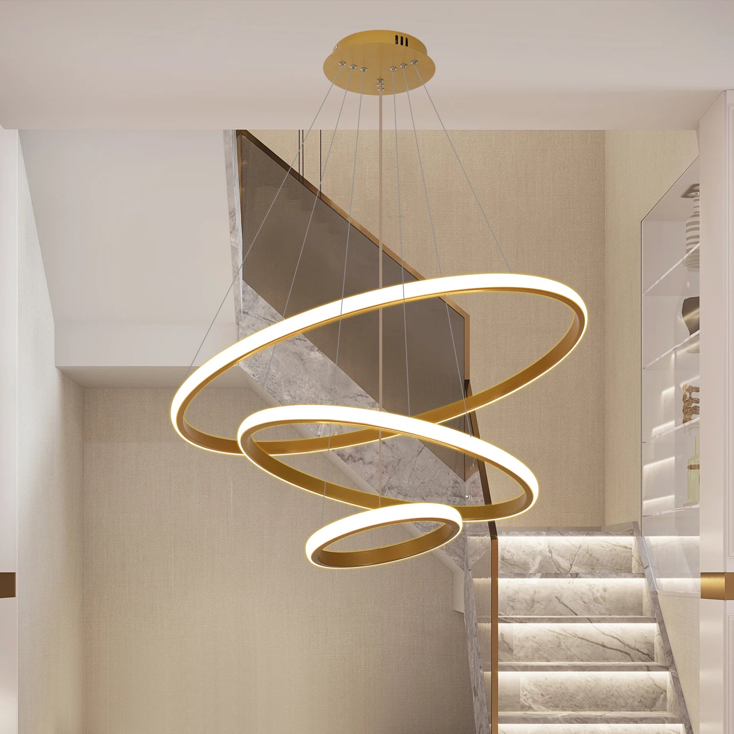 Lustre LED Doré à 3 Anneaux Moderne