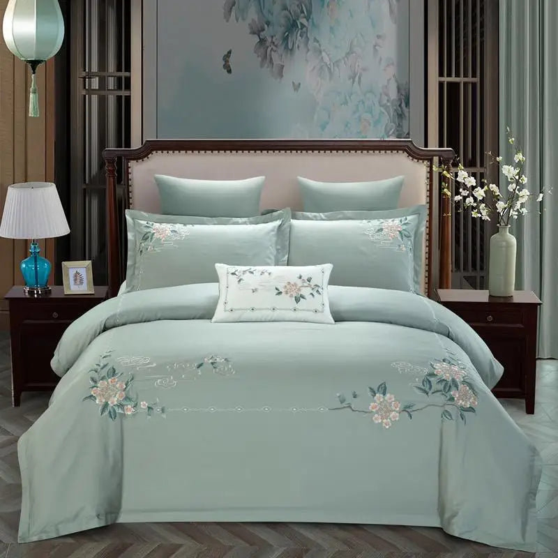 Parure de Lit Luxe Brodée Bambou et Fleurs Style Chinoiserie en Coton Égyptien 600TC