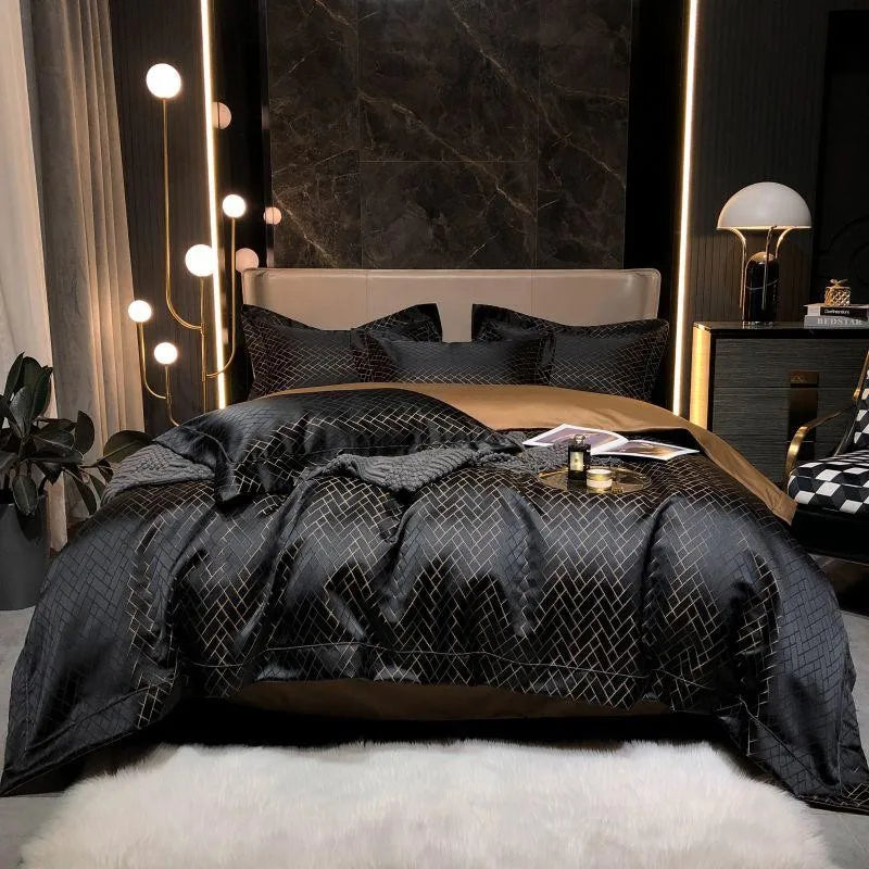 Parure de Lit Jacquard Noir et Or en Coton Égyptien de Luxe