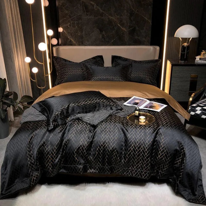 Parure de Lit Jacquard Noir et Or en Coton Égyptien de Luxe