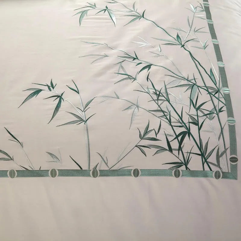 Parure de Lit Luxe Brodée Bambou et Fleurs Style Chinoiserie en Coton Égyptien 600TC